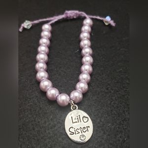Handmade adjustable hemp bracelet faux pearl beads with lil sister charm